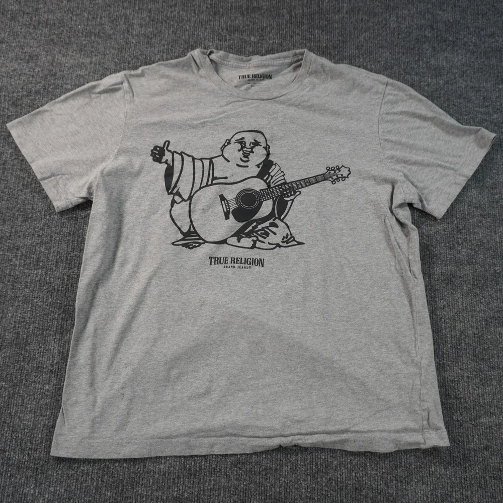 True Religion Graphic T-Shirt Mens Small Gray Buddha Guitar Relaxed Fit Tee